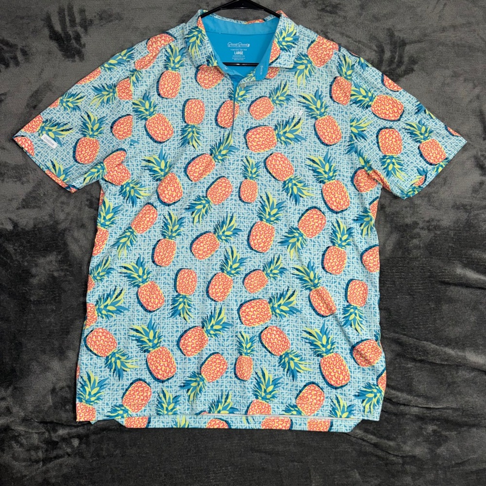 Men's Large Good Good Golf Performance Polo Shirt Blue Excellent Pineapple Print